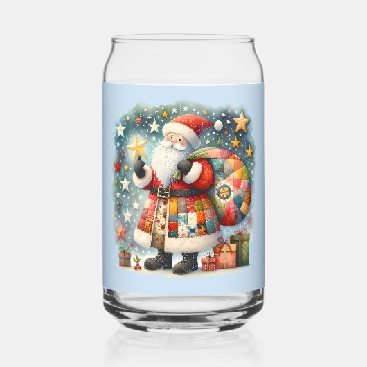 Gewatteerde patchwork kerstman met kerststerren blikvorm glas (Voorkant)