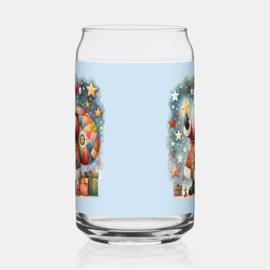 Gewatteerde patchwork kerstman met kerststerren blikvorm glas (Links)