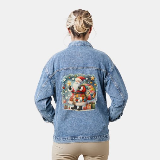Gewatteerde patchwork kerstman met kerststerren denim jacket (Model)