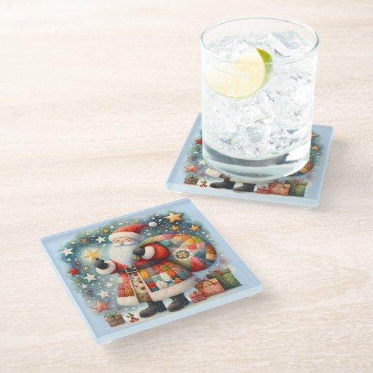 Gewatteerde patchwork kerstman met kerststerren glazen onderzetter (Schuin)