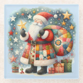 Gewatteerde patchwork kerstman met kerststerren glazen onderzetter (Voorkant)