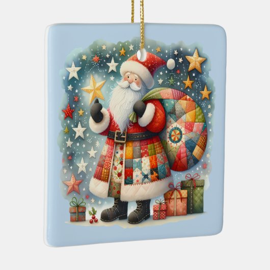 Gewatteerde patchwork kerstman met kerststerren keramisch ornament (Rechts)