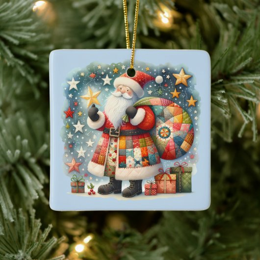 Gewatteerde patchwork kerstman met kerststerren keramisch ornament (Boom)