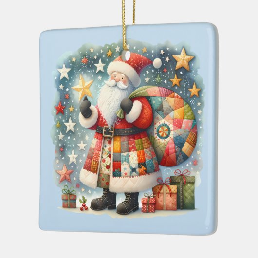 Gewatteerde patchwork kerstman met kerststerren keramisch ornament (Links)