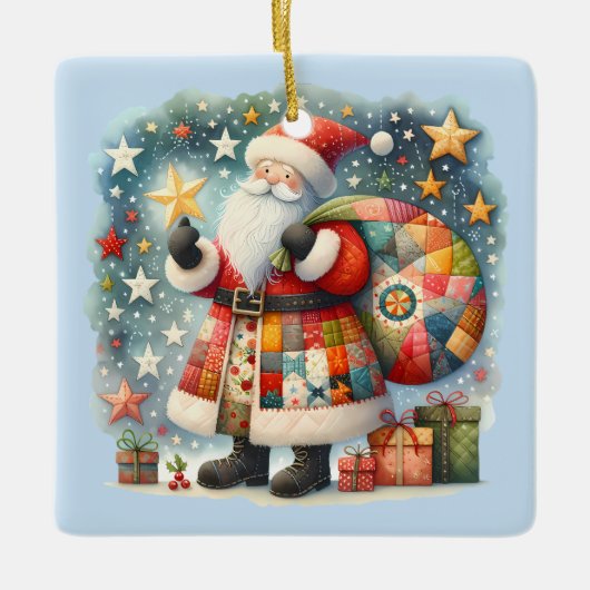 Gewatteerde patchwork kerstman met kerststerren keramisch ornament (Voorkant)