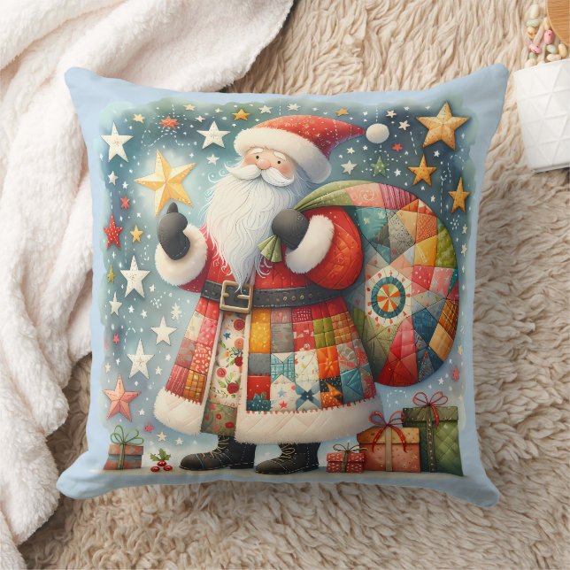 Gewatteerde patchwork kerstman met kerststerren kussen (Deken)