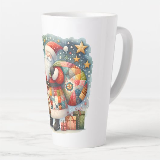 Gewatteerde patchwork kerstman met kerststerren latte mok (Rechterhoek)