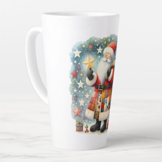 Gewatteerde patchwork kerstman met kerststerren latte mok (Linkerhoek)