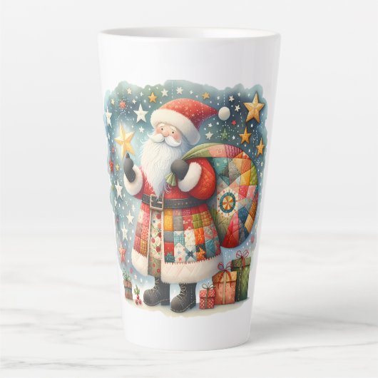 Gewatteerde patchwork kerstman met kerststerren latte mok (Voorkant)