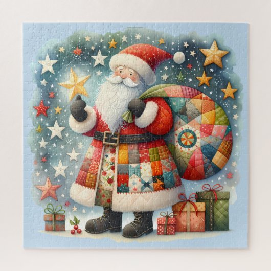 Gewatteerde patchwork kerstman met kerststerren legpuzzel (Verticaal)