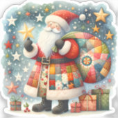 Gewatteerde patchwork kerstman met kerststerren sticker (Voorkant)