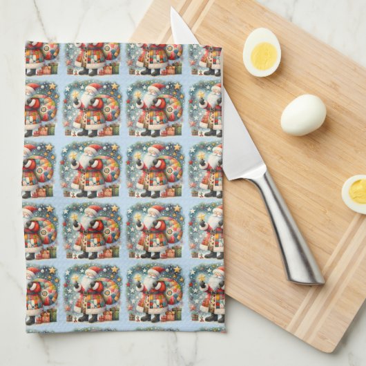 Gewatteerde patchwork kerstman met kerststerren theedoek (Quarter Fold)