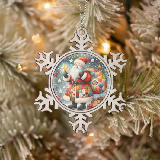 Gewatteerde patchwork kerstman met kerststerren tin sneeuwvlok ornament (Boom)
