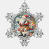 Gewatteerde patchwork kerstman met kerststerren tin sneeuwvlok ornament (Voorkant)