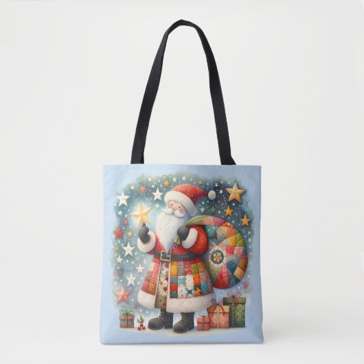Gewatteerde patchwork kerstman met kerststerren tote bag (Voorkant)