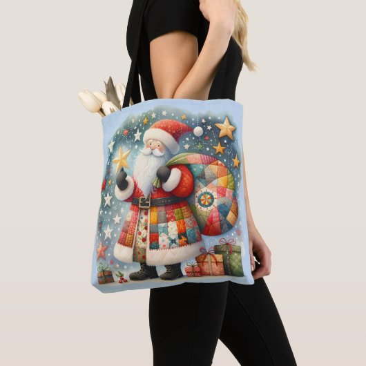 Gewatteerde patchwork kerstman met kerststerren tote bag (Dichtbij)