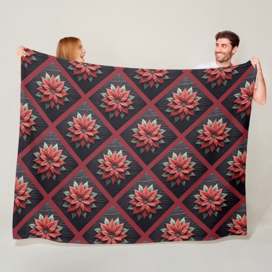 Gewatteerde Poinsettia Fleece Deken Zwart (In situ)
