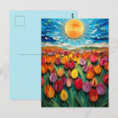 Gewatteerde Tulpenveld: Levendige Sky & Sun Art Briefkaart (Voorkant / Achterkant)