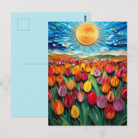 Gewatteerde Tulpenveld: Levendige Sky & Sun Art Briefkaart (Voorkant / Achterkant)