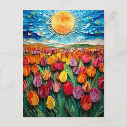 Gewatteerde Tulpenveld: Levendige Sky & Sun Art Briefkaart (Voorkant)