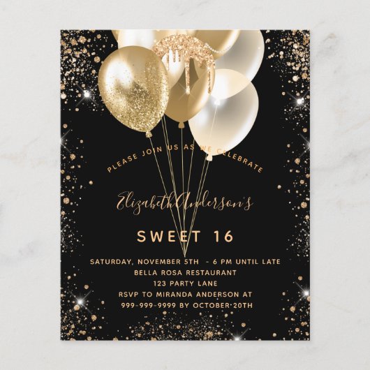 Geweet 16 zwarte goudballonnen flyer (Voorkant)