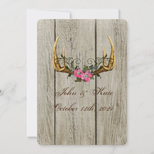 gewei en roze rozen rustieke bruiloft uitnodiging (Voorkant)