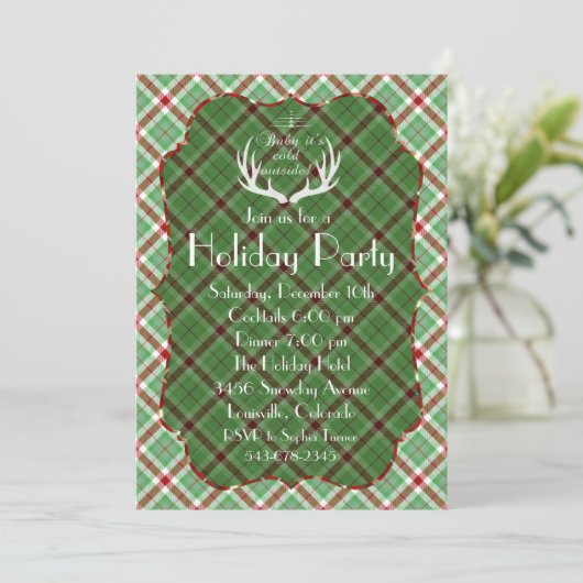 Gewei Rood Groen Geruit Kerstfeest Uitnodiging (Staand voorkant)