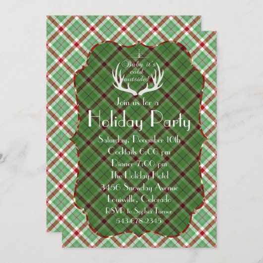 Gewei Rood Groen Geruit Kerstfeest Uitnodiging (Voorkant / Achterkant)