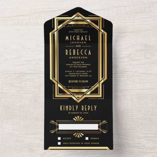 Geweldig geklede deco-weddenschap tussen zwarte en all in one uitnodiging (Binnen)