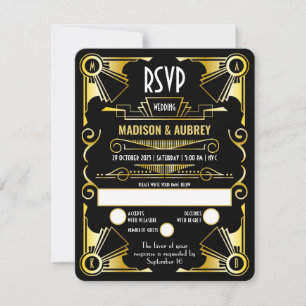 Geweldig gekleed kunstdeco-weddenschap met opulent RSVP kaartje