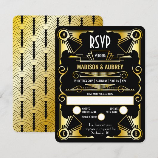 Geweldig gekleed kunstdeco-weddenschap met opulent RSVP kaartje (Voorkant / Achterkant)