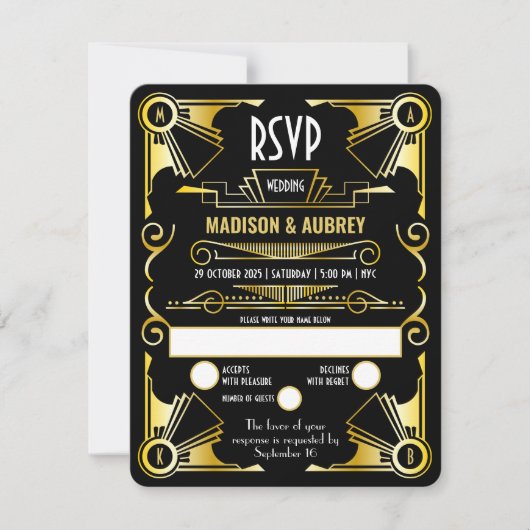 Geweldig gekleed kunstdeco-weddenschap met opulent RSVP kaartje (Voorkant)