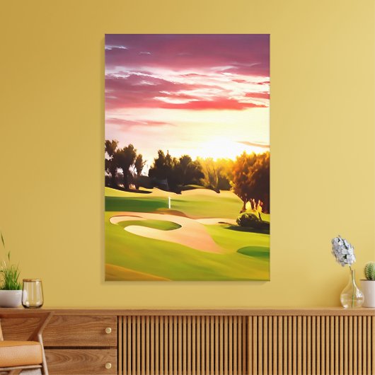 Geweldig golfschilderij met zonsondergang over gol canvas afdruk (Insitu (Woonkamer))