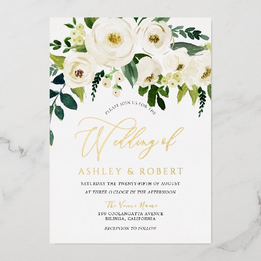 Geweldig huwelijk: White Blooming Flowers Golden Folie Uitnodiging (Voorkant)