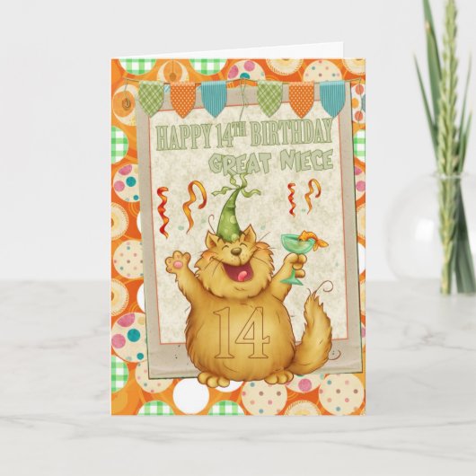 Geweldig nichtje 14e verjaardag met leuke feestkat kaart (Voorkant)