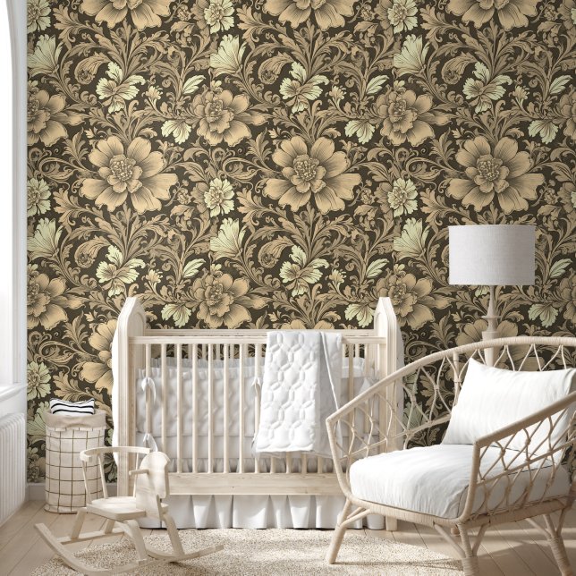 Geweldig vintage sepia bloempatroon  behang (Kinderen)