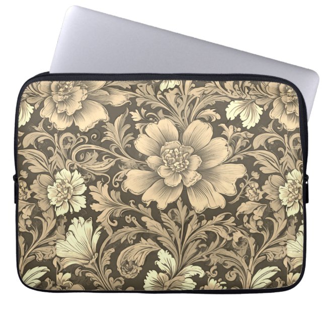 Geweldig vintage sepia bloempatroon  laptop sleeve (Voorkant)