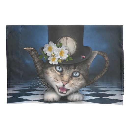 Geweldige Alice in Wonderland Teacup Cat Kussensloop (Voorkant)
