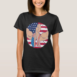 Geweldige Amerikaanse spieren schudden handen met T-shirt