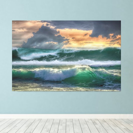 Geweldige Blauwe/Groene Golf Zonneset Canvas Afdruk (Insitu (Houten vloer))