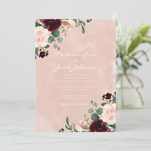 Geweldige blush Waterverf Burgundy Red Weddenschap Kaart (Staand voorkant)