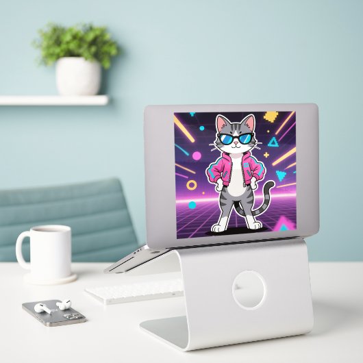 Geweldige Cool Retro Gamer Cat Full Afbeelding Sticker (Laptop op bureau)