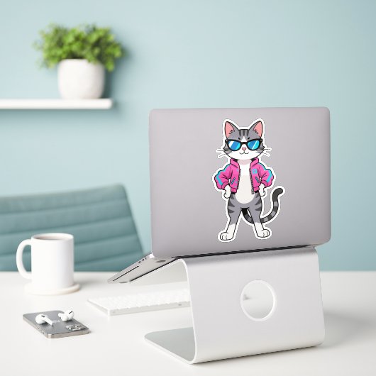 Geweldige Cool Retro Gamer Cat Sticker (Laptop op bureau)