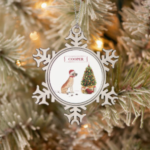 Geweldige Dane Funny-kersthond met boom Tin Sneeuwvlok Ornament