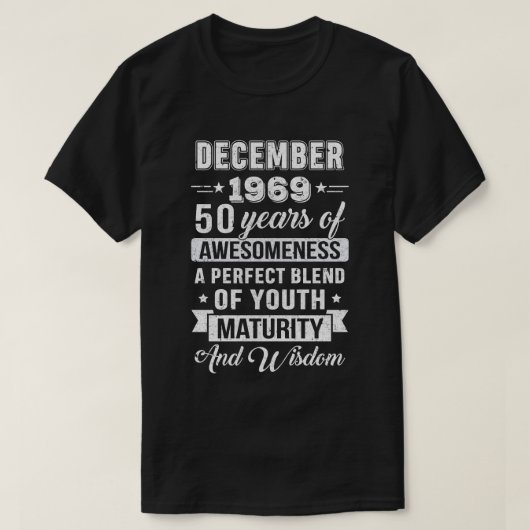  Geweldige december 1969 50e verjaardag van de cad T-shirt (Design voorkant)
