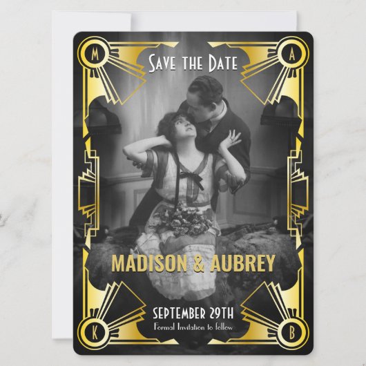 Geweldige foto van Gatsby Art Deco Wedding Gold en Save The Date (Voorkant)