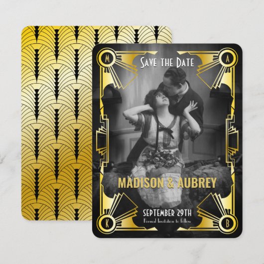 Geweldige foto van Gatsby Art Deco Wedding Gold en Save The Date (Voorkant / Achterkant)