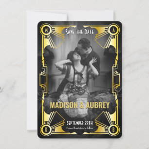 Geweldige Gatsby Art Deco bruiloft Goud & Zwart Fo Save The Date