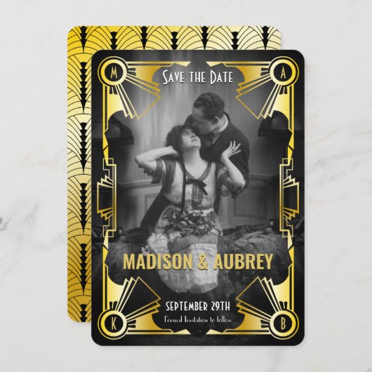 Geweldige Gatsby Art Deco bruiloft Goud & Zwart Fo Save The Date (Voorkant / Achterkant)