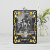 Geweldige Gatsby Art Deco bruiloft Goud & Zwart Fo Save The Date (Staand voorkant)